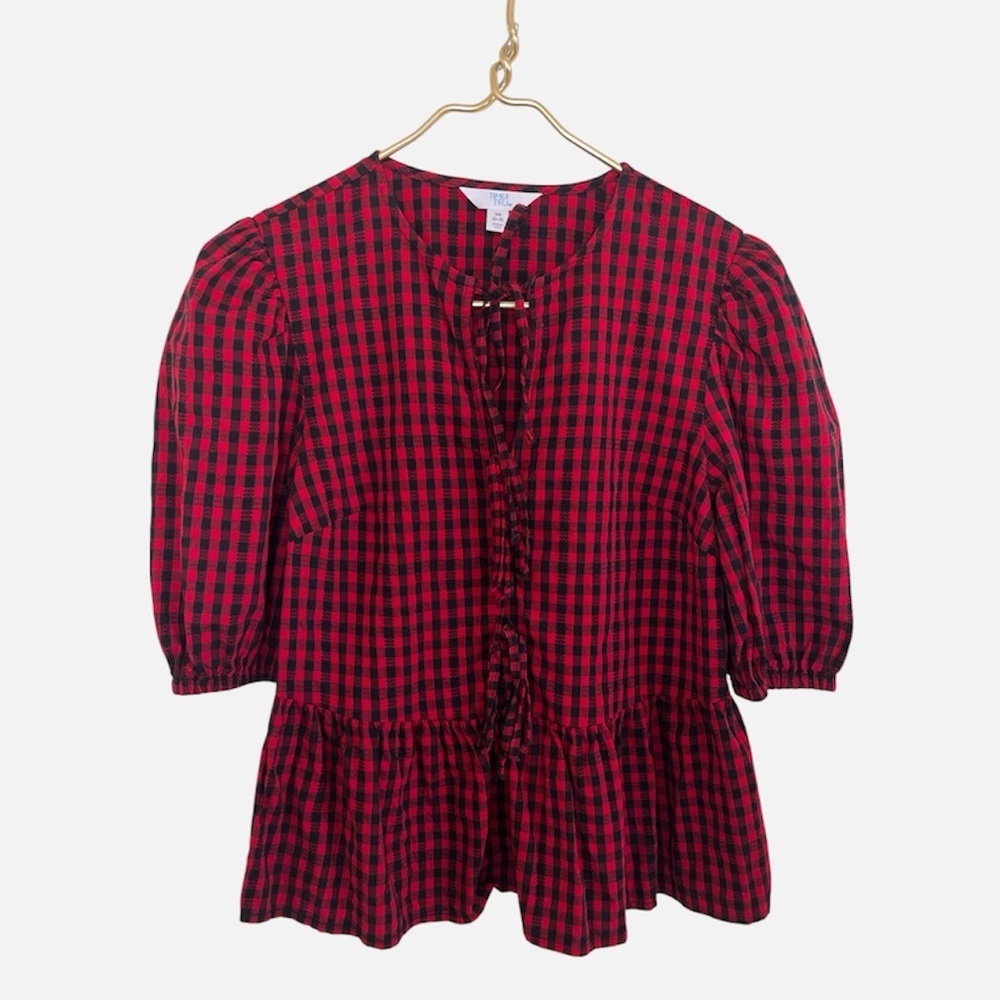 Time and Tru Red and Black bohemian Plaid retro boho chunky Top XS